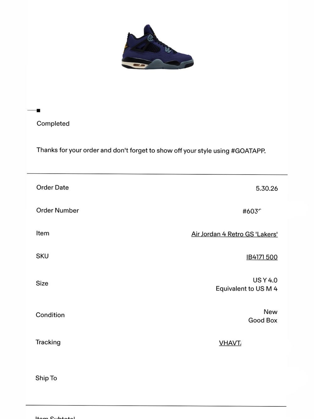 Air Jordan 4 (Lakers) 4Y Deadstock - Picture 3 of 3